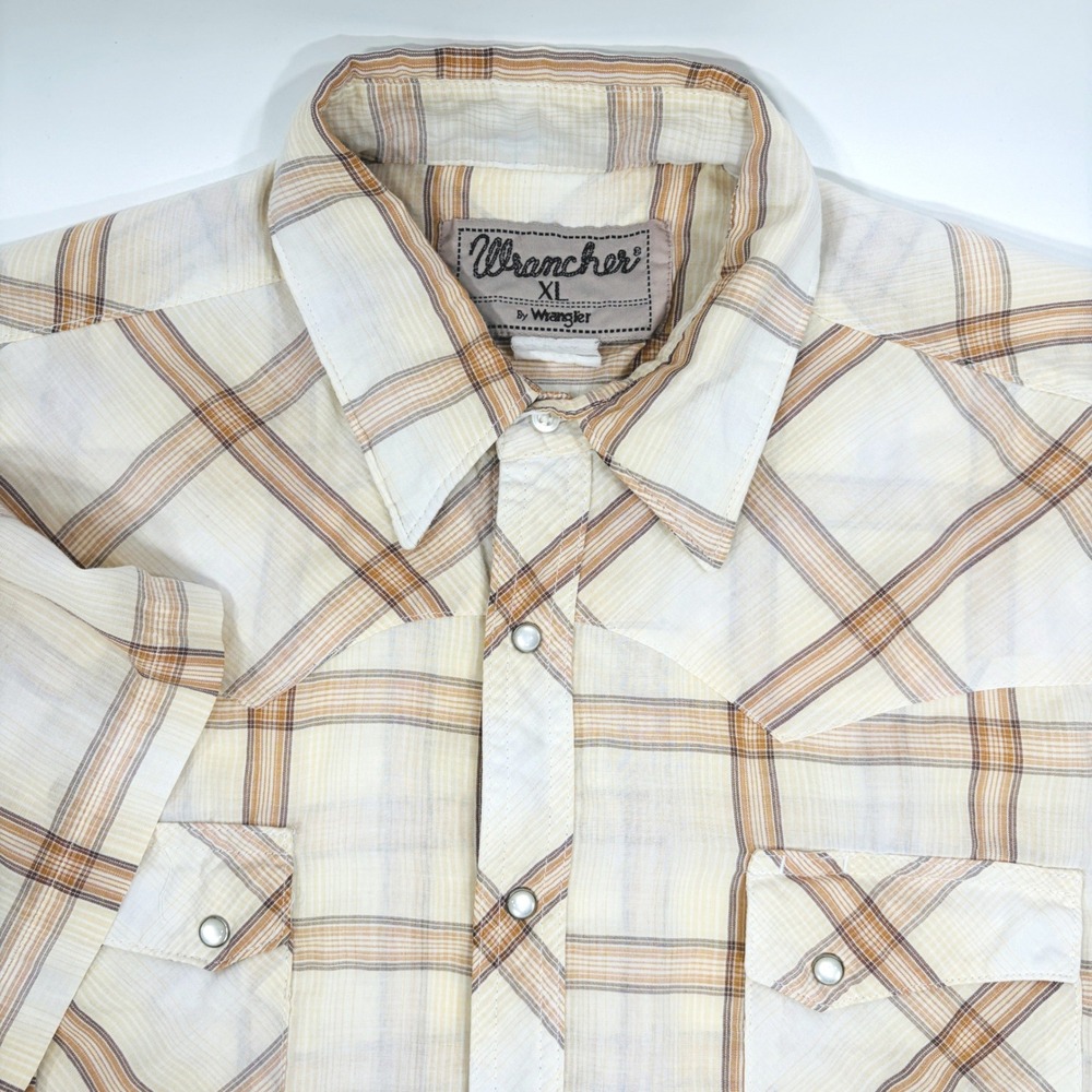Wrancher by Wrangler Shirt Mens XL Short Sleeve Pearl Snap Plaid Western Tan